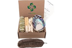 SARIMOIRE Spiritual Items ~ Abalone Shell for Smudging ~ Palo Santo Sticks ~ 2 inchTripod Stand ~ 8 inch Feather and White Sand