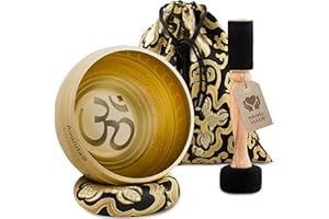 AVANDA Tibetan Singing Bowl Set Om for Yoga, Meditation and Relaxation - Hand-Painted Tibetan Singing Bowl Ø 10 cm, Double Beater with Felt and Leather, Ring Cushion, Bag and Instructions