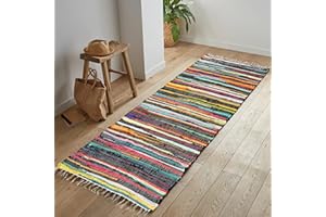 ZENQA Handmade Runner Rugs Chindi Rugs | 100% Recycled Cotton Area Rug| Large Multi Coloured Floor Rug with Stripes | Living Room, Bedroom, Dining, Hall, Area Runner Mat Carpet 60 x 180 cm