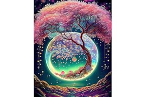 AIRDEA Luna y árbol para adultos niños, 5D Redondo Cielo Nocturno, Diamond Painting Kit Completo, DIY Arte del Diamante para Pintura Fantasía, Bordado Mosaico 30 x 40 cm