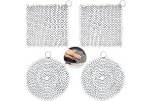 YOUNGSAY 4 Pezzi Scrubber in Cotta di Maglia, 10 x 10cm Pulitore per Piastra in Ghisa, Acciaio Inox Scrubber Chainmail Dell'acciaio per Wok/Griglia/Teglia da Forno (2 Forme)