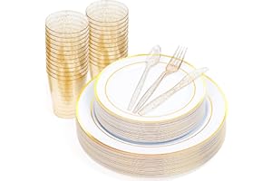Matana 150 Pezzi Stoviglie in Plastica Bianca e Oro per 25 Persone - Piatti Grandi, Piatti da Dessert, Bicchieri e Posate con Glitter Oro - Riutilizzabili - Matrimoni, Compleanni, Natale e Feste