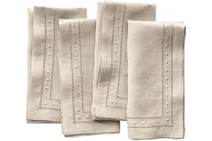 O'LUCIO AUTHENTIQUE HOME O'lucio Linen Cloth Napkins - Natural 45 x 45 cm, Set of 4 Linen Hemstitch Dinner Napkins with Swiss Dot Embroidered - Easter Napkins Cloth Washable Handmade from French Flax, Natural Fabric