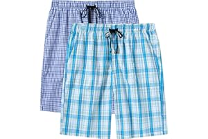 MoFiz Men's 2 Pack Pyjama Bottoms 100% Cotton Checked Lounge Wear Shorts with Pockets