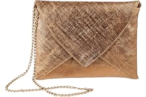 Clairefontaine - Ref 410060C - Kleo-Pathra Leather Evening Bag - 20 x 14cm, Made From Genuine Lambskin Leather, Chain Strap, Press Button Closure - Bronze Colour