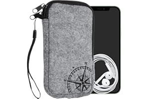 kwmobile Handytasche für Smartphones L - 6,5" - Handy Filztasche - Kompass Vintage Schwarz Hellgrau - 16,5 x 8,9 cm Innenmaße