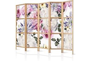 murando - Biombo XXL Flores Rosas 225x171 cm 5 Paneles Lienzo de Tejido no Tejido Tela sintética Separador Madera Design de Moda Hecho a Mano Deco Home Office Japón b-B-0379-z-c