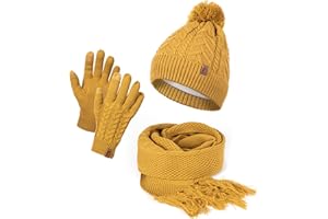 HEYO Damen Mütze Schal Winter Set | Gefütterte Strickmütze mit Bommel | Winterschal mit Fransen | Touchscreen Handschuhe
