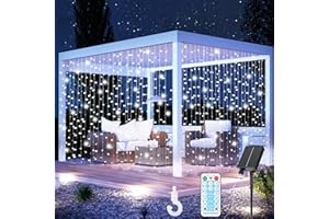 RJEDL Guirlande Lumineuse Solaire Extérieure, 3x3m 300 Rideau Lumineux Solaire, 8 Modes Télécommande et IP65 Etanche, guirlande lumineuse solaire pour Noël, Fête, Éclairage Intérieur, Blanc Froid