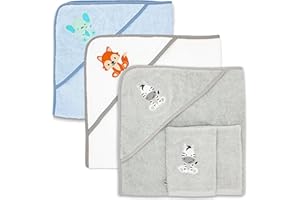 Babykajo Set Accappatoio per Neonati con 2 Guanti da Bagno in Oeko-Tex Standard 100 Certificato, Asciugamano con Cappuccio in Morbida Spugna, Primo Asciugamano con Cappuccio per Bambini 80x80 cm