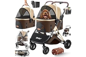 LOVPET® Poussette pour chien 3 en 1 - Grande roue pliable - Pliable à 360° - Avec fenêtre en filet et housse de protection contre la pluie - Pour petits chiens et chats