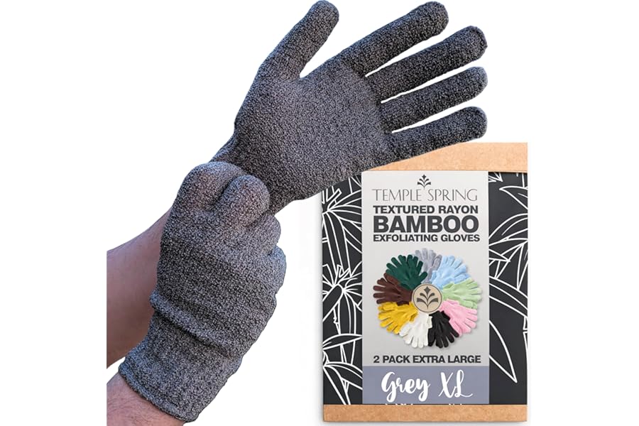 Temple Spring Exfoliating Glove, Carbonized Rayon Bamboo Body Scrubber, Loofah Exfoliating Mitt, Shower Scrubber Wash Cloth, Body Exfoliator Scrub, Loofa Shower Gloves Bath Sponge - Grey XL