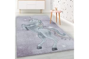 HomebyHome Tappeto per Bambini Tappeto Cameretta Bambino Disegno Unicorno Viola 200x290 cm - Tappeto Pelo Corto Tappeto Camera Ragazzo - Tappeto Camera bambini Sala giochi Tappeto Cameretta Bambina