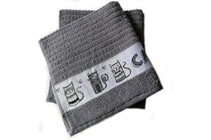 Sue Rossi Ltd 100% Cotton Tea Towels Waffle Embroidered Animal Cooks Cloth Luxury 3 Pack Kitchen Towel Set (Grey Cat)