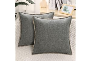 decorUhome Set of 2 Linen Cushion Covers 45X45cm,Decorative Outdoor Plain Vintage Cushion Covers with Stitched Edges, Square Farmhouse Neutral Pillow case 18x18 Inch for Sofa, Dark Grey