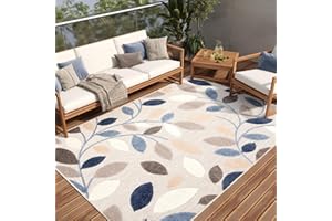 TAPISO Alfombra para terraza, Exterior, Interior, terraza, balcón, jardín de Invierno, Cocina, salón, Moderna, Beige, Azul, Gris, Hojas, Aspecto 3D, Resistente a la Intemperie, Oeko-Tex, 120 x 170 cm