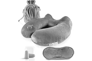 MNT10 Podróżna poduszka dmuchana z maską do snu, zatyczkami do uszu i torbą transportową I Poduszka na szyję nadmuchiwana z miękkim aksamitnym pokrowcem I Poduszka na szyję do podróży, samolotu