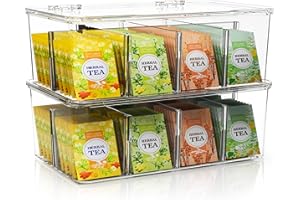 KICHLY Caja de te infusiones, Pack de 2- Caja Acrílica de 16 Secciones Para Té, Café, Especias, Encimeras de Cocina, Armarios, Despensa (Transparente)