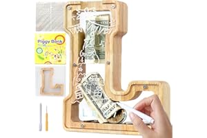 Lakpopya Salvadanaio in Legno per Bambini Salvadanaio Lettre Personalizzato di A-Z Salvadanaio Apribile Trasparente per Decorazione Regalo Battesimo (L)