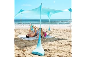 SUN NINJA Tente de Plage Autoportante Pop Up Haute Protection Solaire 50+ avec des pelles à sables, piquets et poteaux Idéal Camping Pêche Jardin (300 x 300cm, 4 poteaux)