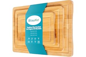 BLAUKE Taglieri da Cucina In Legno Di Bamboo – Set 3 Taglieri per Cucina In Legno (Piccolo, Medio, Grande) – Tagliere da Cucina In Legno di Bambù con Scanalatura per Liquidi e Maniglie – Vassoio da Portata