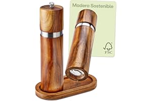 PRAKNU Molinillos para Sal y Pimienta de Madera de Acacia Con Bandeja - Molinillo de Cerámica - Madera FSC® Sostenible