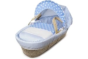 ELEGANT BABY Moses Basket Bedding - Blue Spots & Stripes Palm Moses Basket Bedding Set, Includes Dressing Cover, Hood & Padded Liner | (Basket & Fittings not Included)