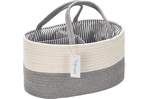 Hinwo Baby Diaper Caddy 3-Compartment Infant Nursery Tote Storage Bin Portable Car Organizer Newborn Shower Gift Basket Cotton Rope with Removable Divider for Diapers and Wipes