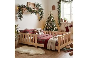 ecomi® Łóżko podłogowe, 90 x 200 cm, 80 x 160 cm, z litego drewna sosnowego, z zabezpieczeniem przed wypadnięciem, stelaż listwy, łóżko Montessori, białe i naturalne, dla chłopców i dziewcząt