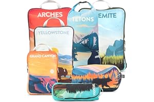 Kostki do pakowania na podróż – bardzo duże organizery bagażowe, 7-częściowy zestaw, ultralekkie, rozszerzalne/kompresyjne torby na ubrania od TRIPPED Travel Gear (parki narodowe)