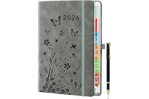 HwxBen Agenda 2026 Journalier A5 – Une Page par Jour, Janv.-Déc., Planificateur Quotidien et Mensuel, Onglets Mensuels Colorés, Design Floral, Porte-stylo Élastique, Couleur Gris