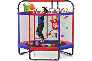 Happin 55” Toddler Trampoline Indoor & Outdoor Playset Ages 1-6, 5FT Kids, Ultra Safe Mini Trampoline for Kids with Safety Enclosure Net, Gifts for Birthday with Basketball Hoop