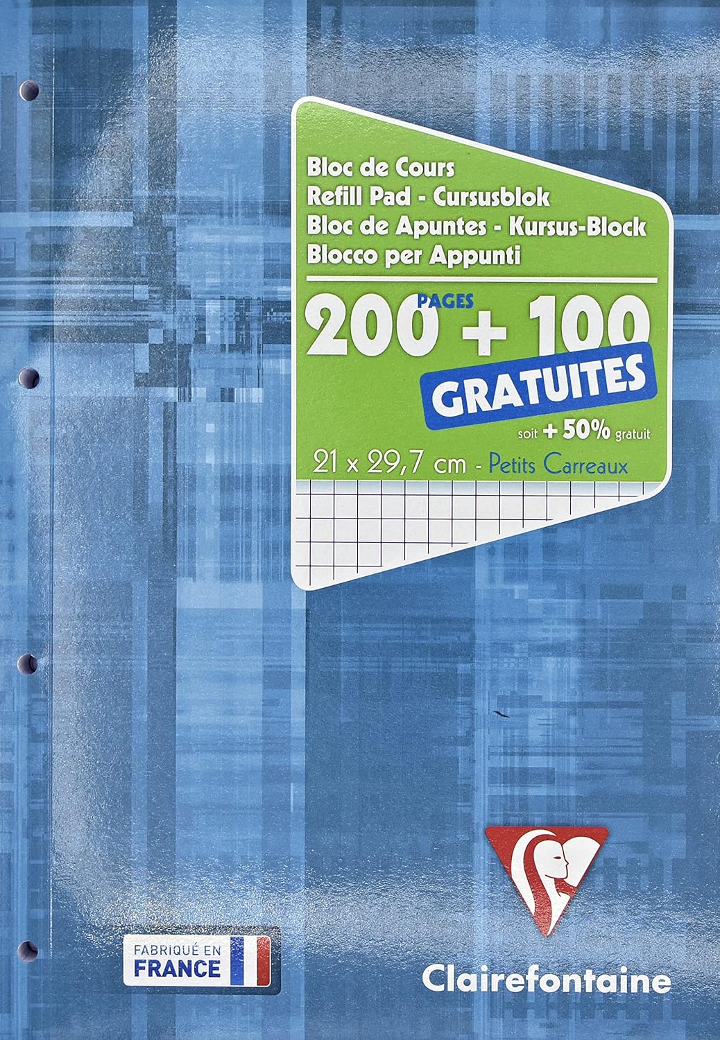 Clairefontaine 65816C Un Bloc de Cours Encollé Perforé Bleu Électrique - A4 21x29,7cm - 300 Pages (200+100 gratuites) Petits Carreaux et Perforé 4 Trous - Papier Blanc 90g Couverture Carte Pelliculée
