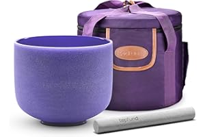 TOPFUND 432Hz Violet A# Note Crystal Singing Bowl Pineal Chakra 8 inch with Heavy Duty Carrying Case and Rubber Mallet and Suede Striker