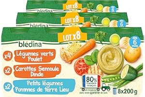 Blédina Petits Pots pour bébé, Dès 6 Mois, Carottes Semoule Dinde / Légumes Pommes de terre Lieu / Légumes Poulet, 24x200g (Lot de 3*8)