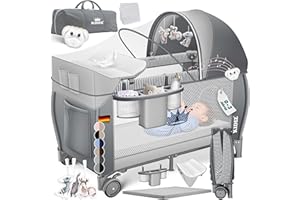 Kidiz® Babybett Reisebett Kinderreisebett klappbar mit Matratze & Räder 120x60, Seiteneingang, Wickelauflage, Moskitonetz & Tragetasche Baby Beistellbett Kinderbett ab Geburt bis 15 kg Grau