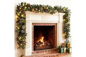 ZYNCOVE 9FT/2.7M Christmas Garland For Fireplace Stairs Front Door, Xmas Garlands With Lights Pine Cones Berries,Light Up Artificial Wreath Table Porch Arch Mantle Garden Gate Home Outdoor Decorations