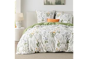 BEDSURE Pościel 200x200 Bawełniana Zielona - Komplet pościeli 200 x 200 cm Poszewka 3-częściowa z 2 poszewkami na poduszki 80 x 80 cm, Odwracalna pościel Bedding Szałwia Zielona Wzór Kwiatowy z