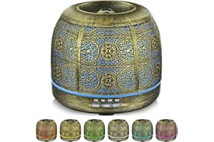 SALKING Dyfuzor zapachowy, 500 ml, metalowy dyfuzor do aromaterapii, olejki eteryczne, nawilżacz powietrza, elektryczna lampa zapachowa, 7 kolorów światła, vintage, złoty, do biura, domu, jogi