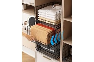 UMDONX 3 Pack Wardrobe Storage Organiser Pull out Drawer Clothing Basket Rack - Cupboard Stackable Clothes Bins for Cabinet Dorm Inside Closet Shelf (Durable Metal Black)