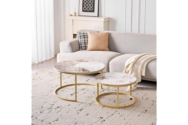 DEYARNA HOME runt soffbord set om 2, modernt bord med keramikplatta (ingen MDF-platta), perfekt för vardagsrum, sovrum, balkong och kontor (Pandora + guld), 50 + 70 cm