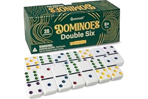 QUEENSELL Set de Dominos pour Adultes avec Points Colorés – Jeu de Dominos Double 6, Classique Jeu de Société pour Enfants et Adultes – Jeu Standard Double Six de 28 Pièces