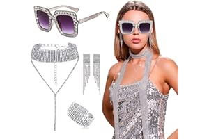 LaVenty Tenue de fête Disco Femmes Boucles d'oreilles Disco Collier Lunettes de soleilDisco Lunettes Disco 1970s Vintage Disco Ball Headpieces Party Costume