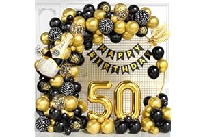 OUSUGA Decoraciones para 50º Cumpleaños, Kit Arco Globos Negros Dorados con Globos Foil Número 50, Globos Imprimidos, Banner Feliz Cumpleaños para Hombres Mujeres, Decoraciones Fiesta Negro Dorado 50 Años