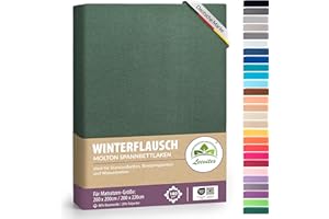 ‎LEEVITEX Winter Spannbettlaken | Farbenfrohes Thermo Fleece | Spannbetttuch, Bettlaken in vielen Größen und Farben (200x220 cm +40cm Steg, Dunkelgrün/Tannengrün)