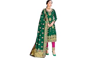 ELINA FASHION Indisches Pakistanisches Damenkleid, fertig konfektioniert, Banarasi Art Seide Salwar Kameez | Minakari gewebte Seide Dupatta genähter Anzug