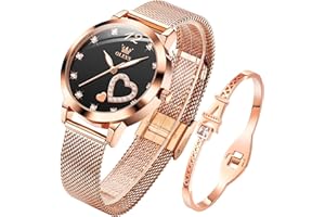 OLEVS Damenuhr Roségold mit Herz Diamant Schwarz Weiße Gesicht Quarz wasserdicht Armreif Armband Set Armbanduhren für Damen