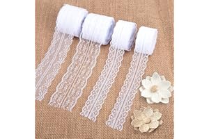 ‎VGOODALL VGOODALL Spitzenband Set, 40m Weiße Spitze (4 Rollen) + 2 Spitzenblumen, Ideal für Hochzeitsdeko, Basteln & DIY-Projekte