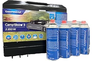 FCI Campingaz Camp Bistro 3 fuochi, a fiamma singola, fornello da campeggio, potenza 2.200 Watt con 4 cartucce Campingaz Bistro CP250 completo di valigetta per il trasporto