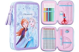Disney Trousse Scolaire Fille, Trousse Garnie Stitch Fille et Reine des Neiges, Fourniture Scolaire Stitch, Idée Cadeau (Frozen Bleu Double Zip)